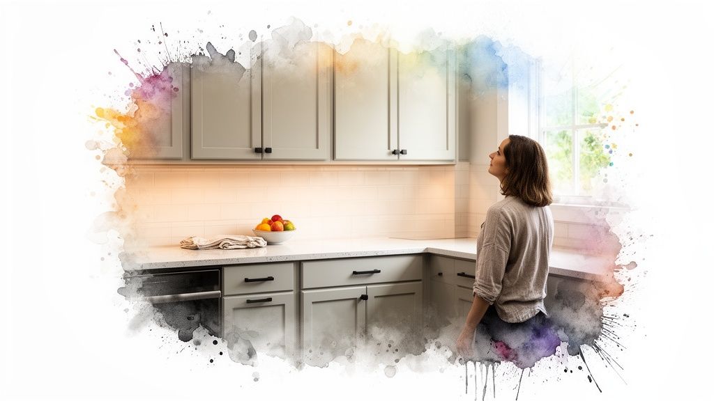 A woman stands in a bright, modern kitchen with grey cabinets and white countertops, looking up.