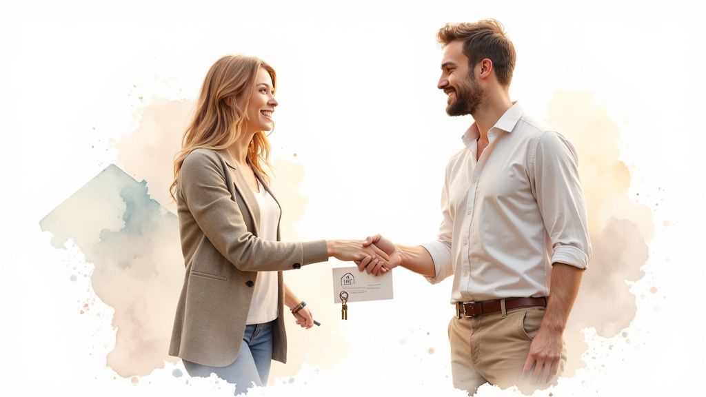 Two smiling people shake hands, exchanging house keys and documents after a real estate deal.