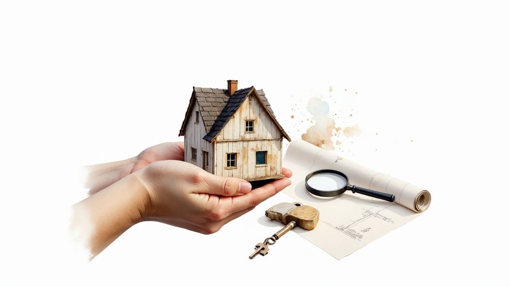 A modern kitchen with white cabinets, dark countertops, and stainless steel appliances, representing the potential of a renovated fixer-upper.