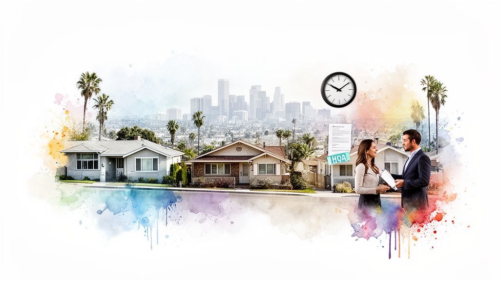 People discussing house documents with a clock and houses in a watercolor cityscape, representing home closing.
