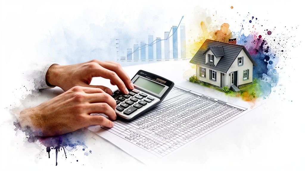 Hands use a calculator on a spreadsheet with a house and a rising financial graph, depicting real estate market analysis.