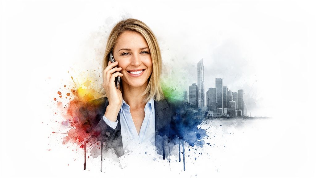 A cheerful blonde businesswoman making a call, integrated with a vibrant watercolor splash and a modern city skyline.