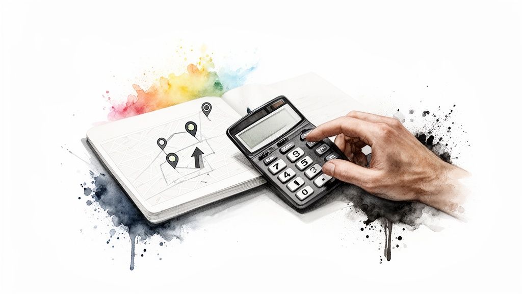 Hand using a calculator on a notebook with a map and colorful watercolor splatters.