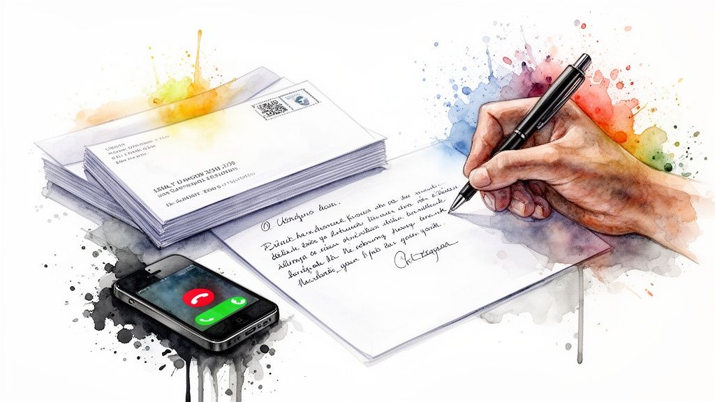 A watercolor illustration of a hand writing a letter, with envelopes and a smartphone ringing.