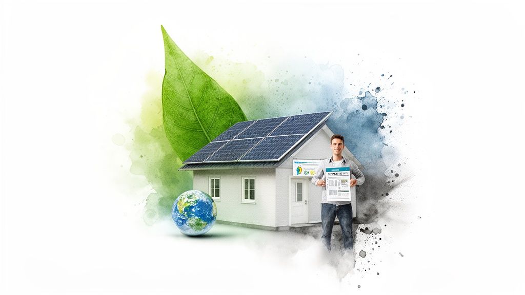 Man holding a document beside a house with solar panels, a green leaf, and the Earth.