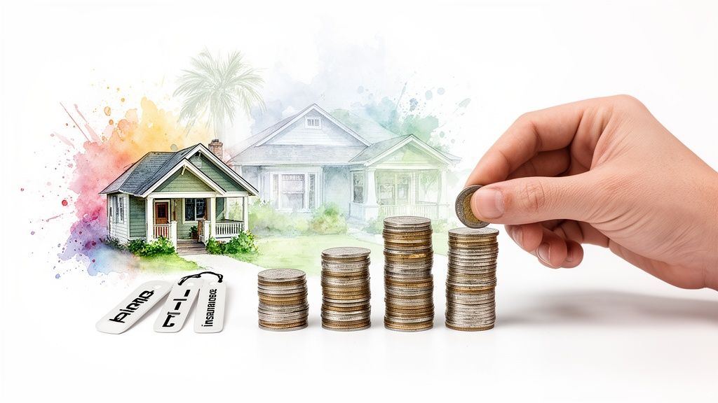 A hand places a coin on a stack, with watercolor houses and key tags in the background, symbolizing saving for a home.