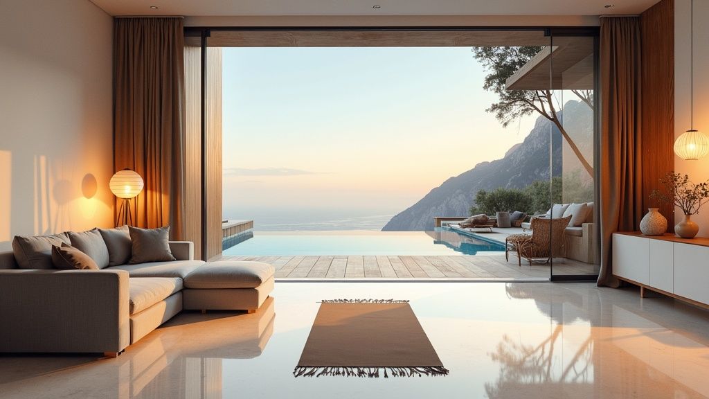 Luxurious living room opening to an infinity pool with stunning mountain and sea views at sunset.