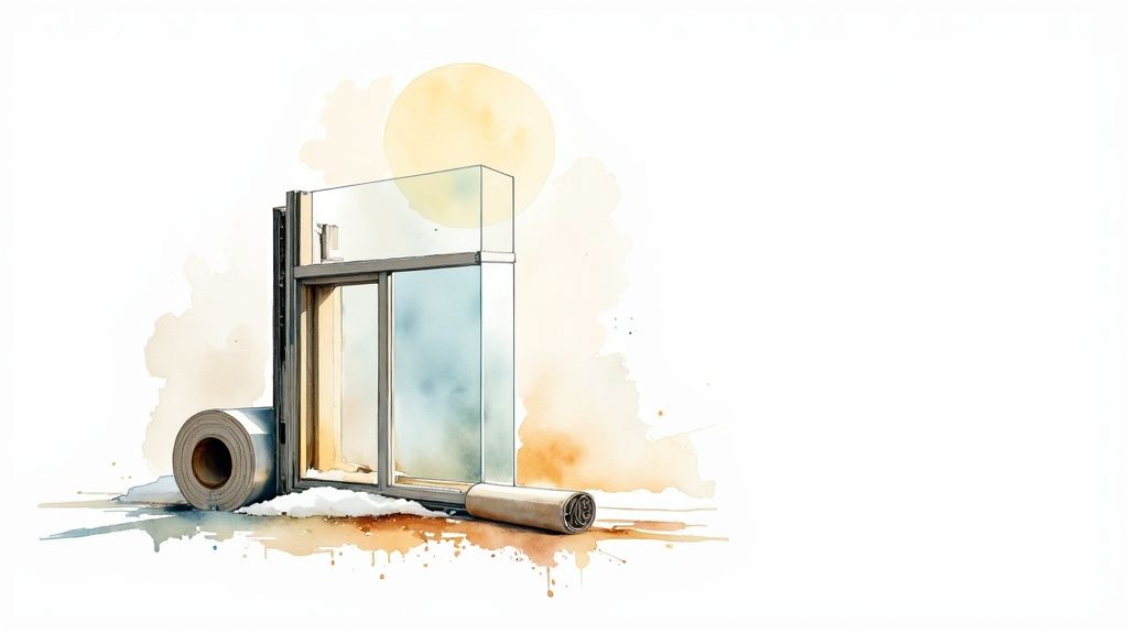 Watercolor illustration of a modern glass door, a glass railing, and material rolls on the ground, with a sunny backdrop.