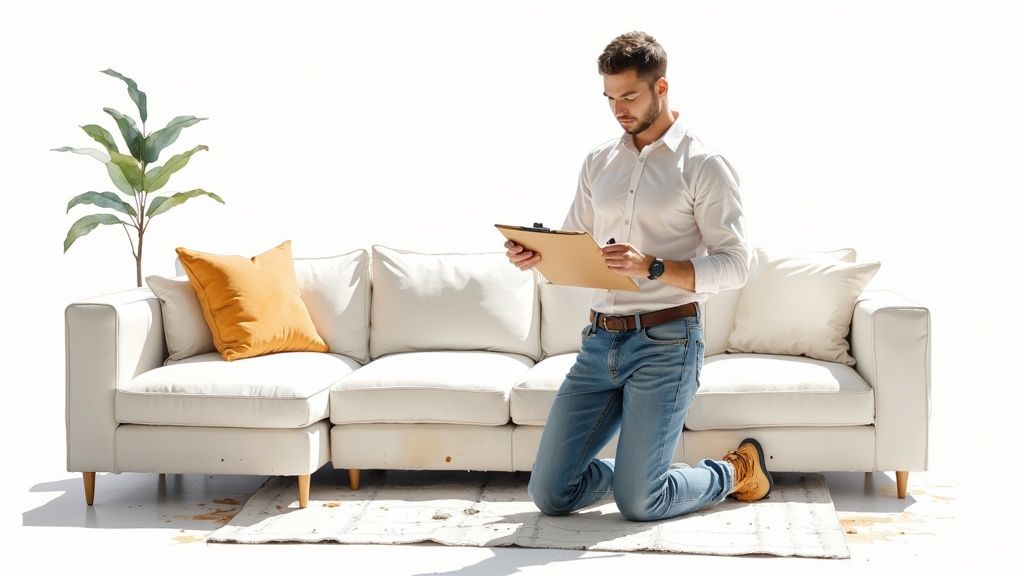A man kneels on a rug to inspect stains on a white sectional sofa and floor.