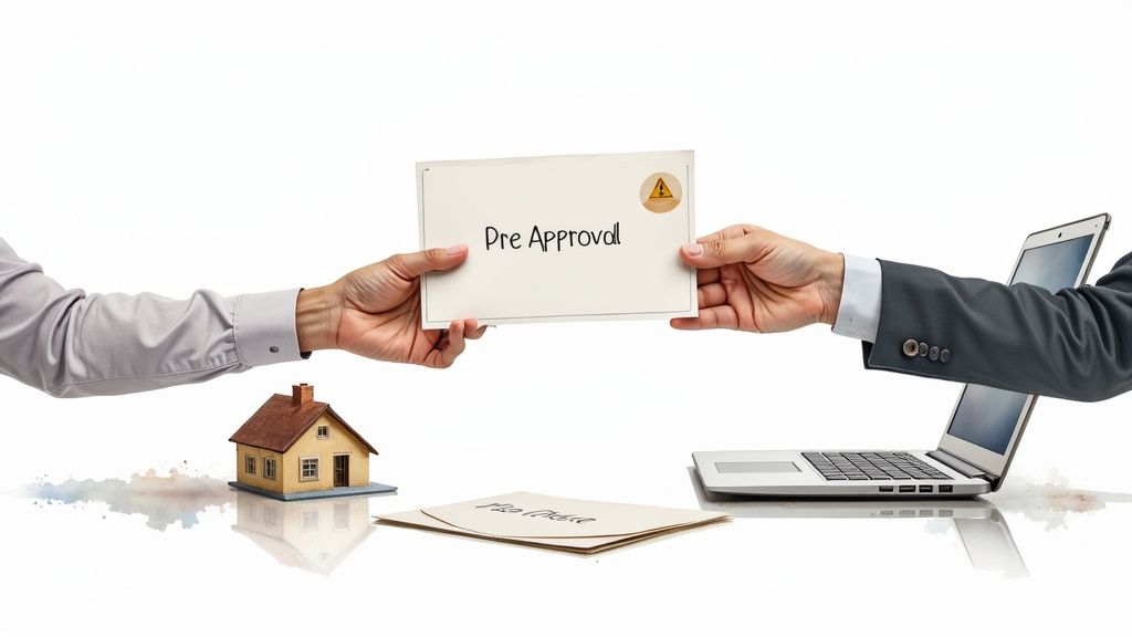 Hands exchange a 'Pre Approval' document, symbolizing online real estate or loan approval with a house and laptop.