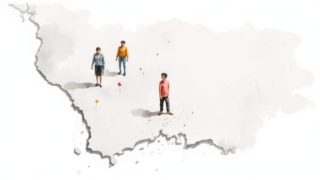 A bird's-eye view of a diverse Los Angeles neighborhood, showing a mix of residential homes, local shops, and green spaces.