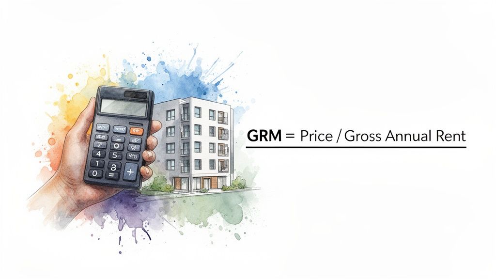 A hand holding a calculator, an apartment building, and the Gross Rent Multiplier formula.