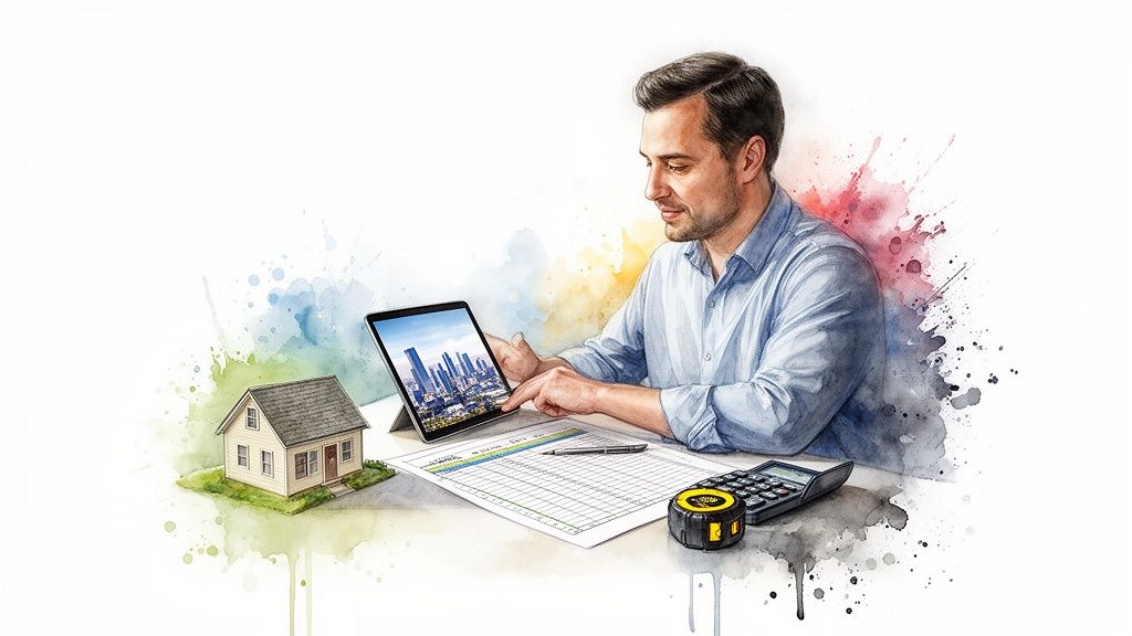 Man using a tablet with a city view, next to a house model, calculator, and spreadsheet for property analysis.