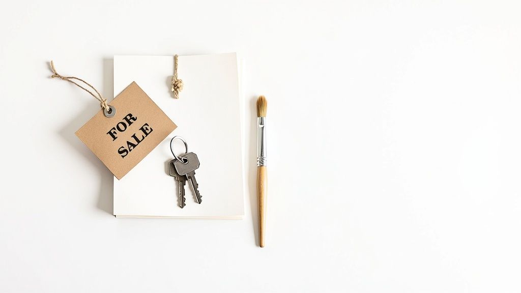 A 'FOR SALE' tag with house keys on a white notebook, next to a paintbrush on a white surface.
