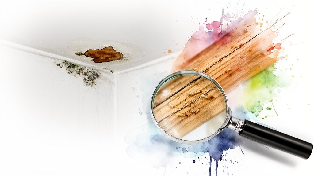 Image depicting common household issues: water damage, mold, and wood-eating larvae, viewed with a magnifying glass.