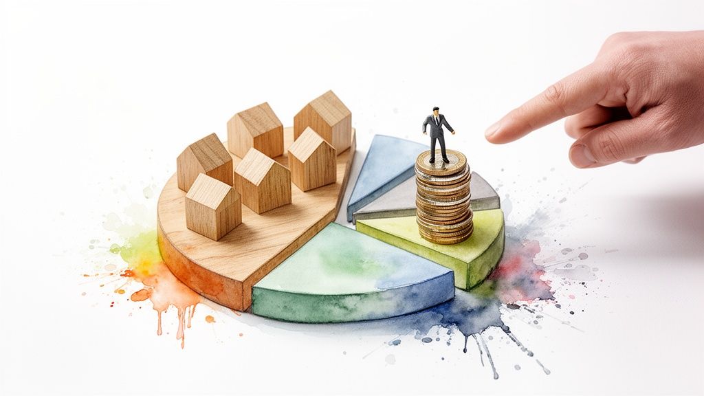 Pie chart with wooden houses and a businessman on a coin stack, pointed at by a hand.