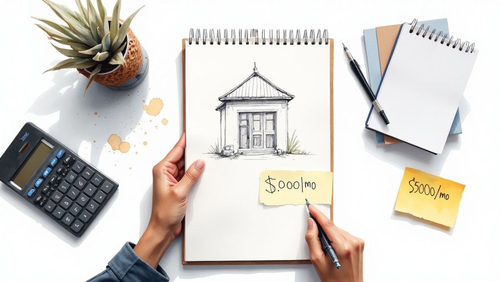 Person comparing rental property investment options with sketch and budget calculations on desk