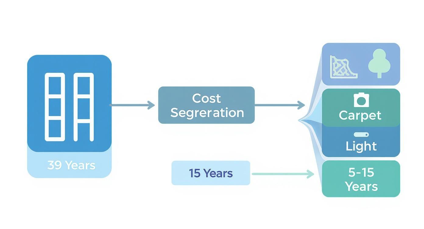 Flowchart showing cost segregation reducing real estate depreciation from 39 to 5-15 years.