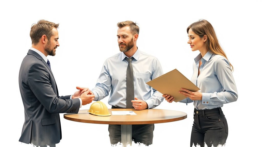 People networking at a professional real estate event, shaking hands and talking.
