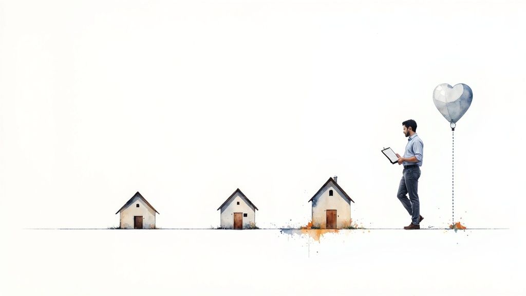 Man with clipboard walking past progressively larger houses illustrating real estate portfolio growth concept