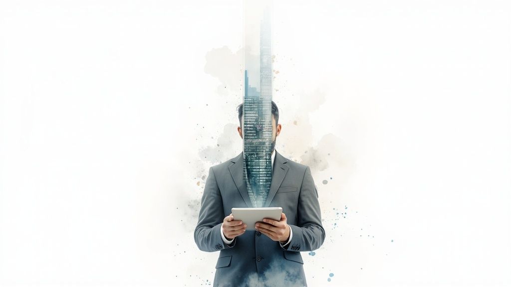 Businessman holding a tablet, with a skyscraper digitally integrated into his body.