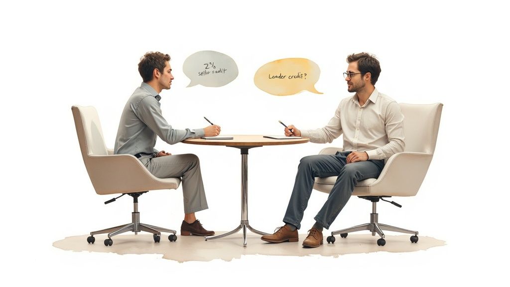 Two men discussing financial terms like "seller credit" and "lender credit" at a table.
