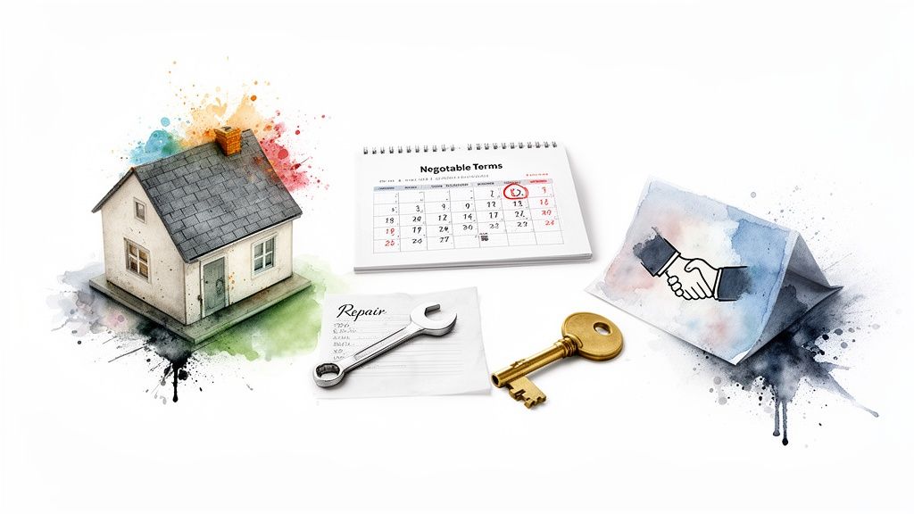 Watercolor illustration of a house, negotiable terms calendar, repair wrench, key, and handshake.