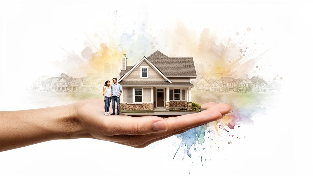 A hand holding a miniature house with a couple, symbolizing real estate and homeownership.