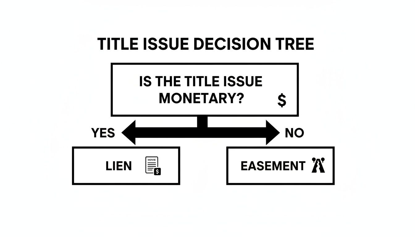 A title issue decision tree diagram, categorizing issues as monetary liens or non-monetary easements.