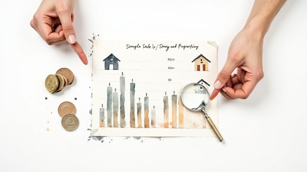 Hands examine a real estate chart with houses, coins, and a magnifying glass, depicting property analysis.