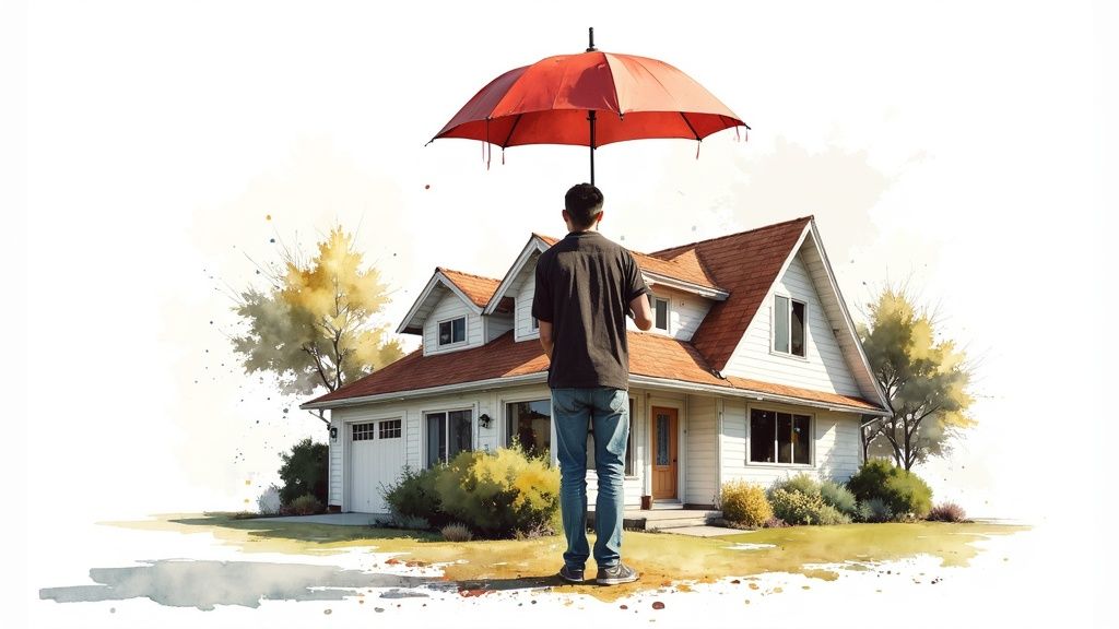 A person using a calculator with receipts for home insurance and home warranty nearby, representing financial analysis.