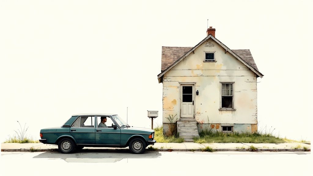 A slightly distressed single-family home with a yard, viewed from the street.