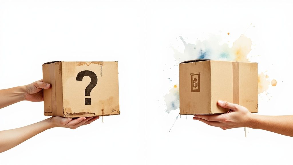 Two hands hold cardboard boxes, one with a question mark, the other with artistic splatters.