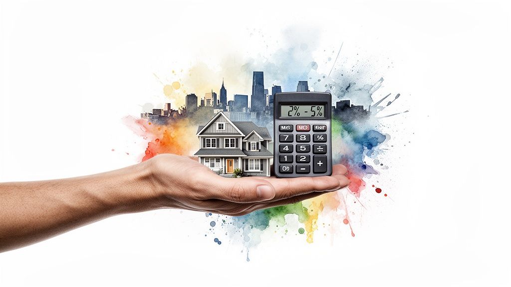 A hand holds a miniature house and a calculator showing 2%-5%, with a watercolor city background.