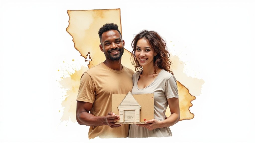 Smiling couple holding a cardboard house model in front of a California map outline.
