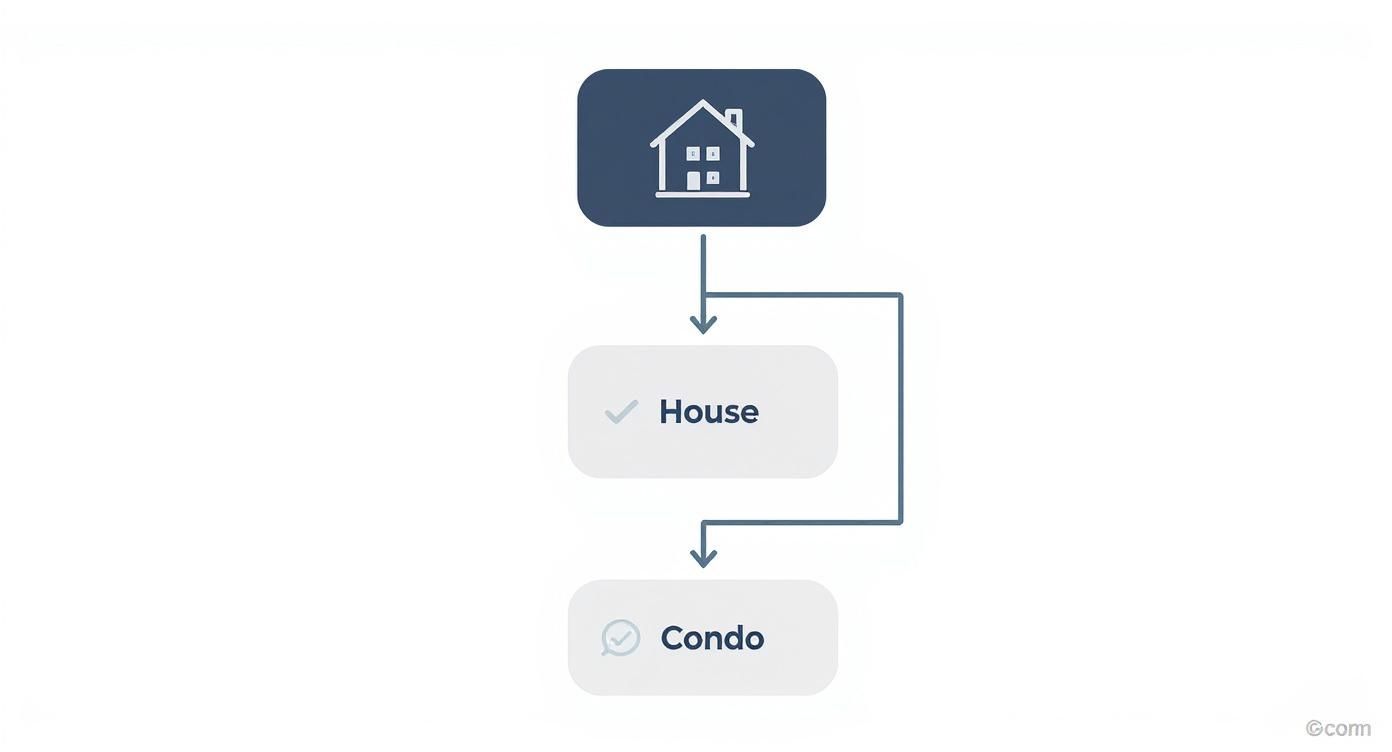 A simple flowchart diagram showing a house icon leading to 'House' and then 'Condo' options.