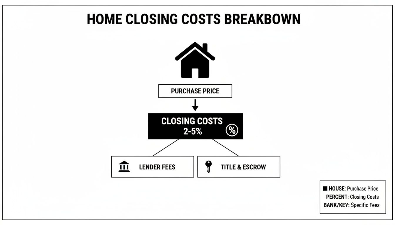 Diagram illustrating home closing cost breakdown, showing purchase price, closing costs (2-5%), lender fees, and title/escrow.