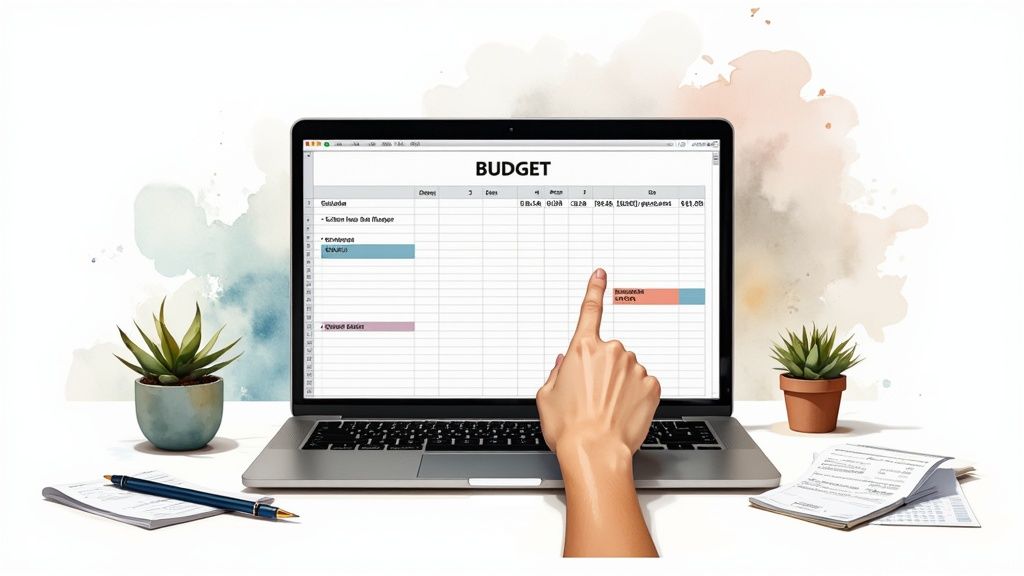 A person looking thoughtfully at a laptop displaying a spreadsheet, with renovation plans in the background.
