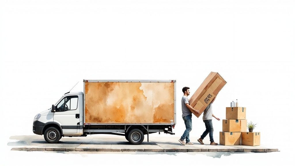 An open box with toiletries and essentials sits on the floor of a new, empty house.