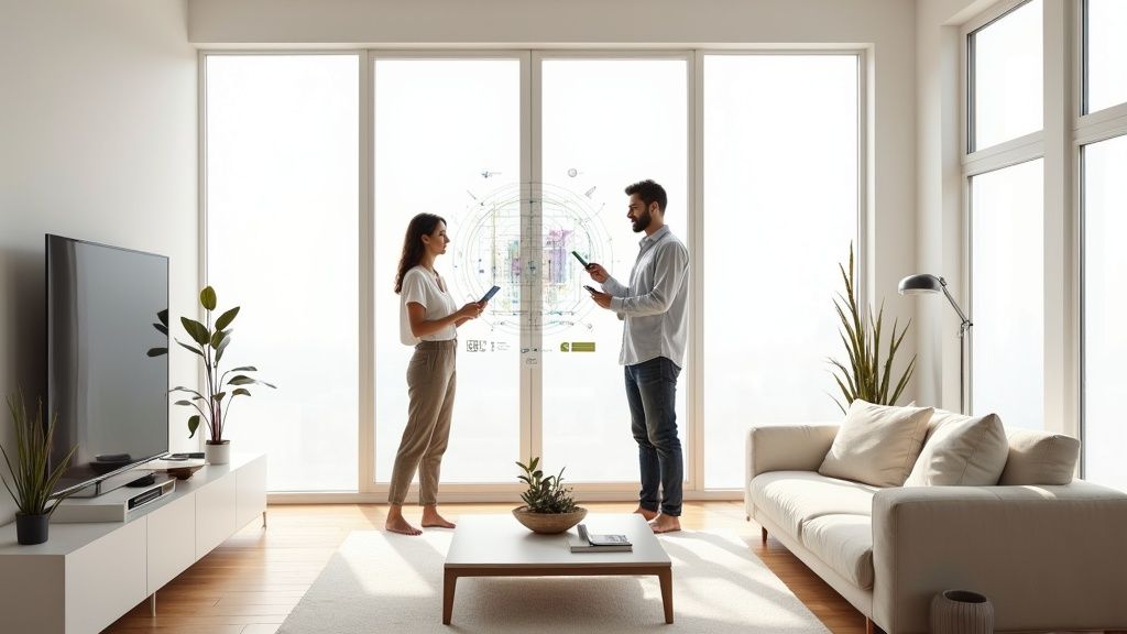 A modern living room and kitchen setup, viewed through a tablet displaying a virtual tour interface.