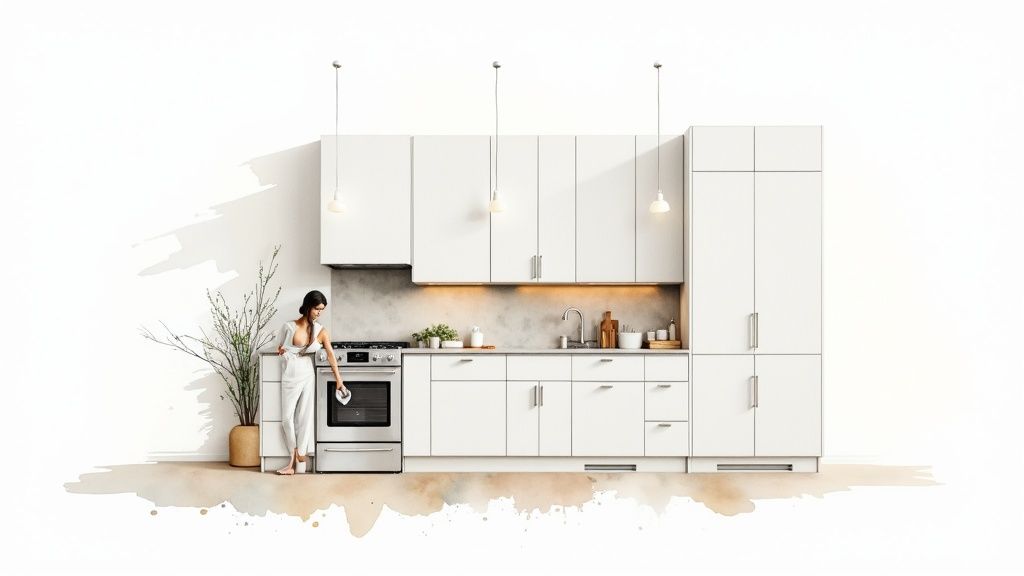 A woman cleans a modern kitchen's stainless steel oven with white cabinets and bright pendant lights.