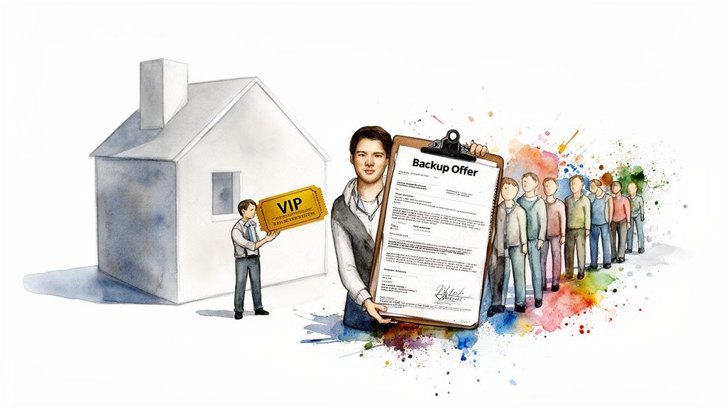 A man presents a real estate 'Backup Offer' on a clipboard to a line of buyers, with a house and a VIP ticket nearby.