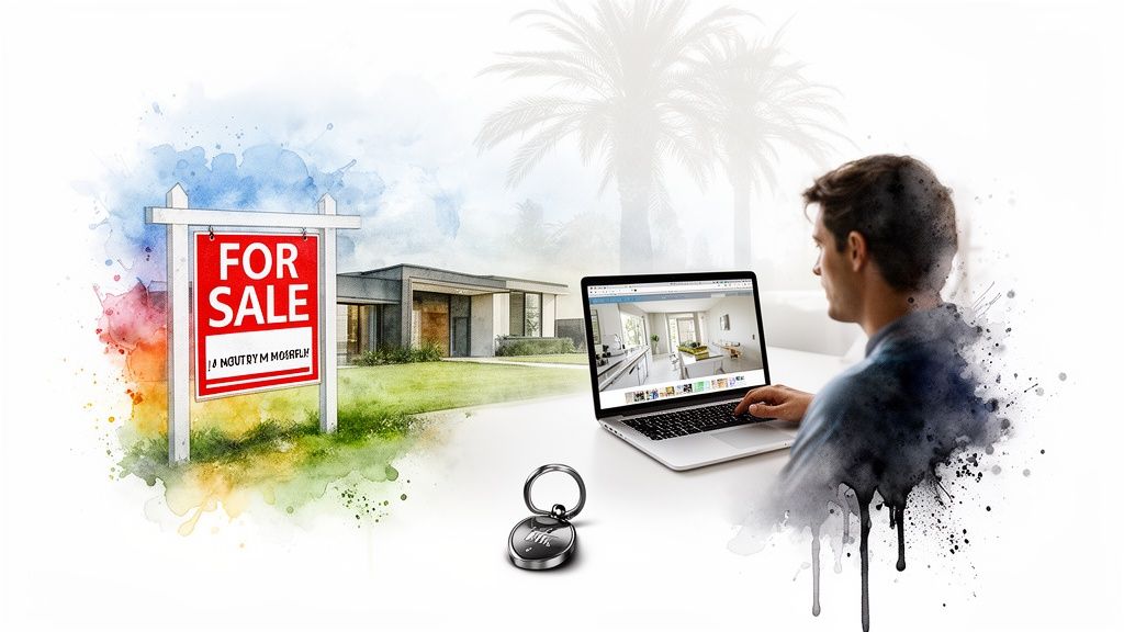 A man searches for modern homes online, with a 'FOR SALE' sign and house key.