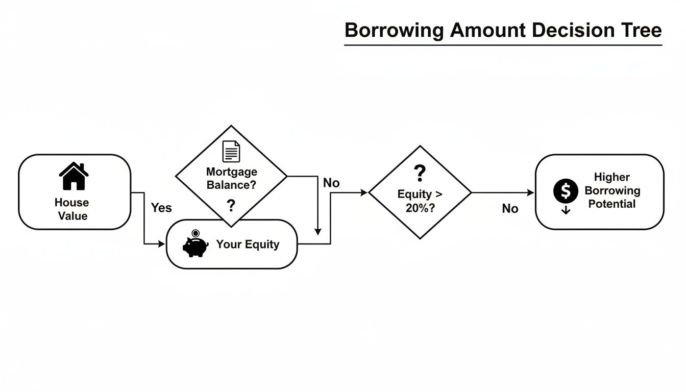 A decision tree illustrating factors influencing home loan borrowing potential, including house value, mortgage balance, and equity percentage.