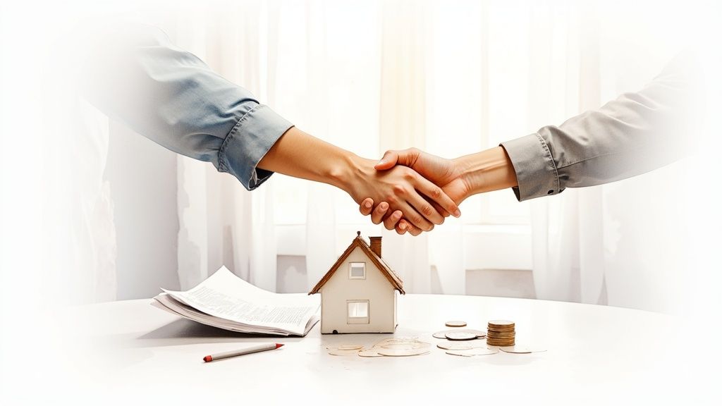 Two people shaking hands over a table with a model house, documents, and coins, symbolizing a real estate deal.