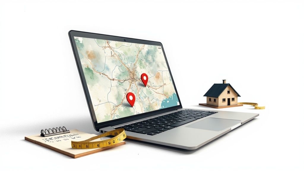 A magnifying glass hovering over a map of a city, symbolizing property analysis.