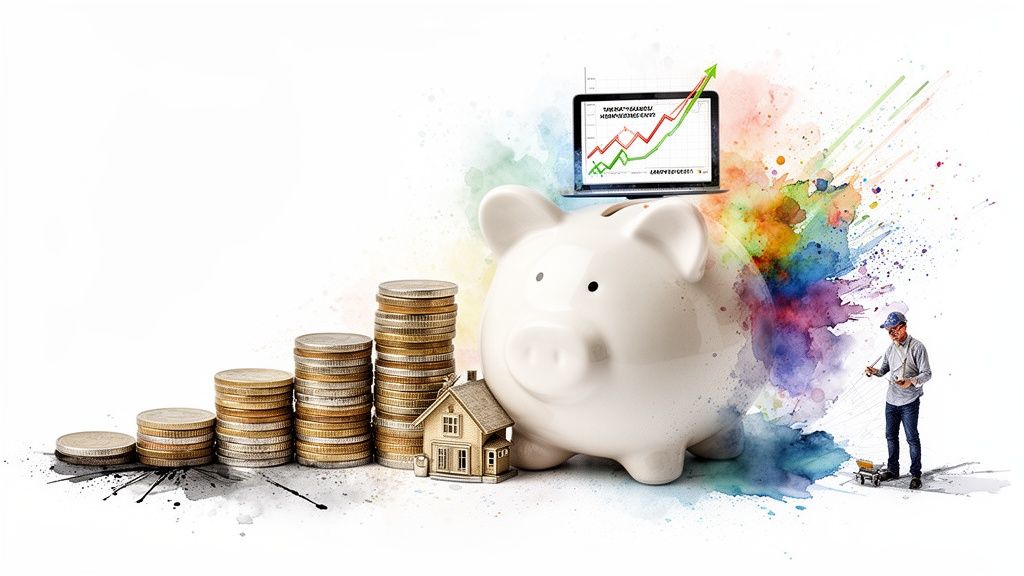 A piggy bank, growing coin stacks, a house model, and a laptop with an upward trend graph, symbolizing financial growth and home equity.