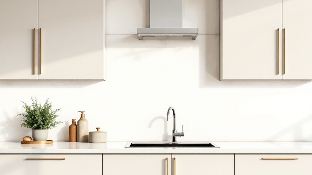 A clean, modern kitchen featuring light beige cabinets, a white countertop, and a sleek stainless steel sink and faucet.
