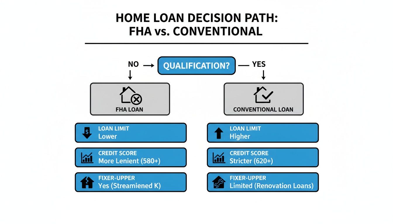 Flowchart comparing FHA vs Conventional home loans, detailing qualification, limits, credit scores, and fixer-upper options.