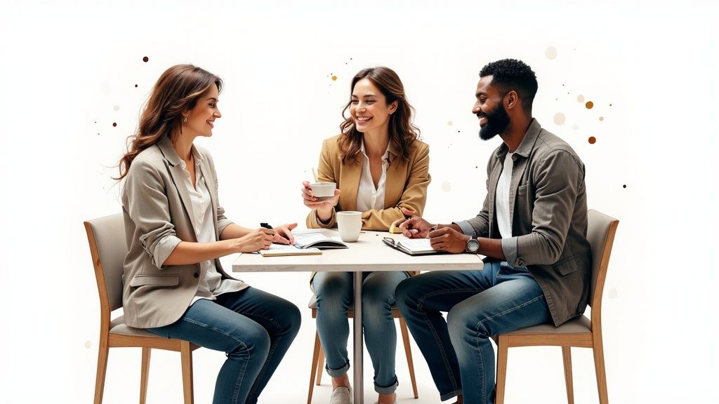 Agents collaborating happily in a modern, bright office space.